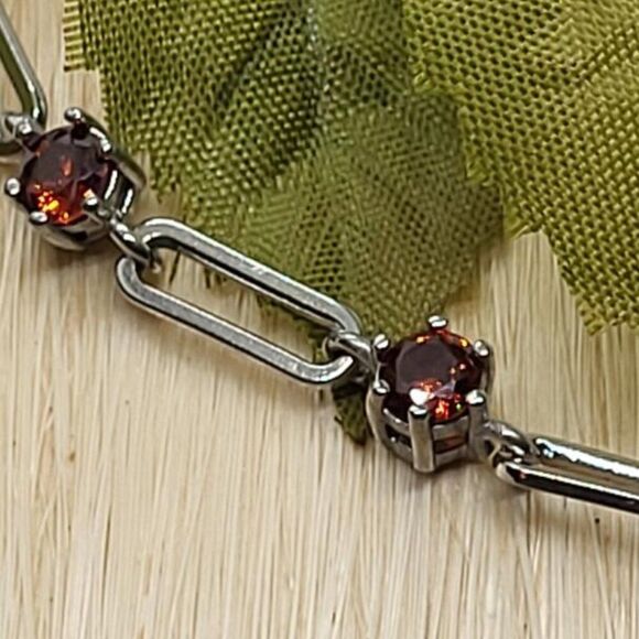 New, Stamped, Simulated Garnet Red Diamond, Paper Clip, Chain Station Neclace - Picture 3 of 8